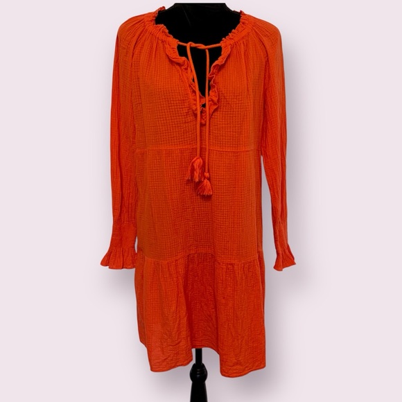 J. Crew Dresses & Skirts - J. Crew Long Sleeve Textured Gauze Dress Ruffle Neck Tassels Red Orange Medium